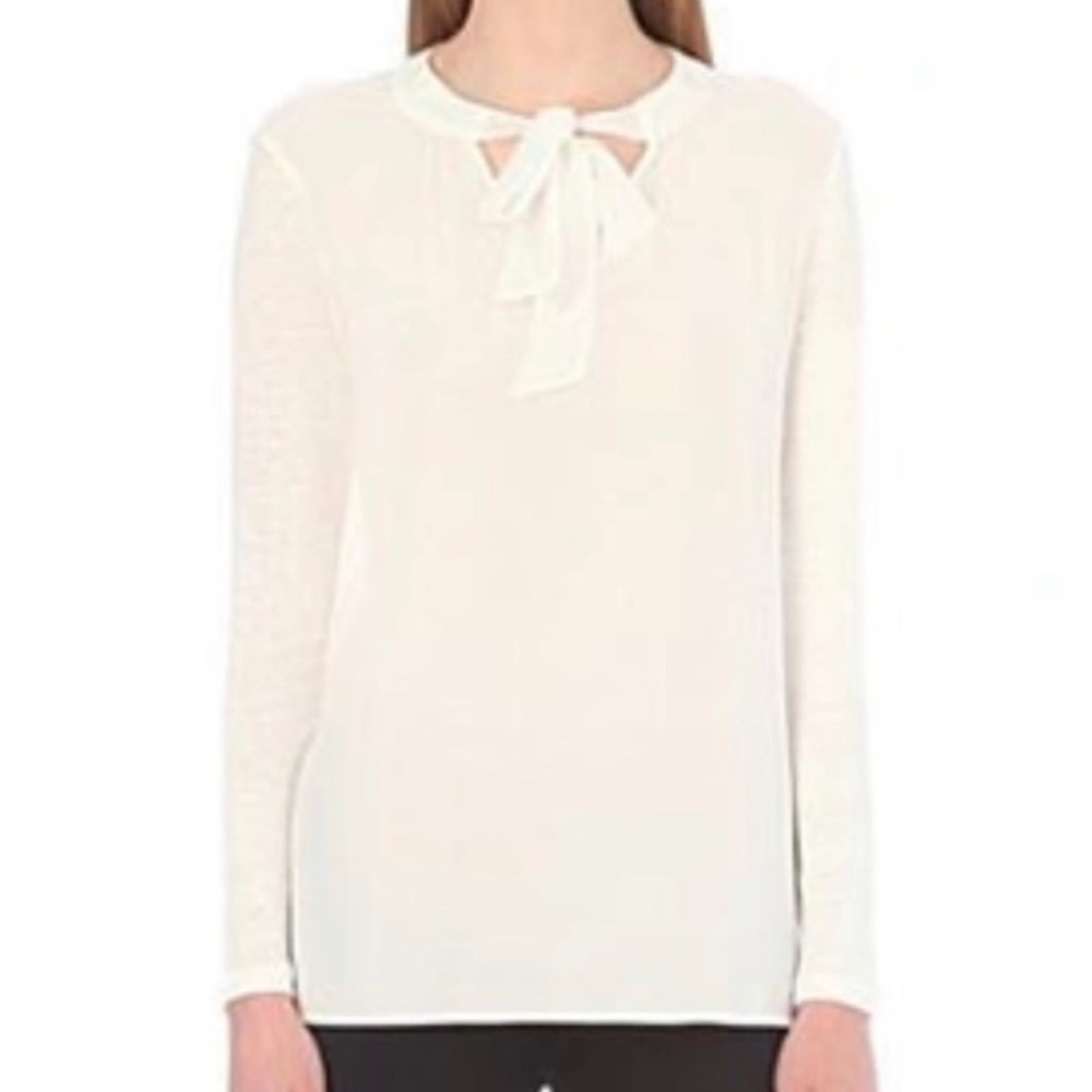 Sandro Paris Ivory Bow Neck Long Sleeve Sheer‎ Blouse Top Women's